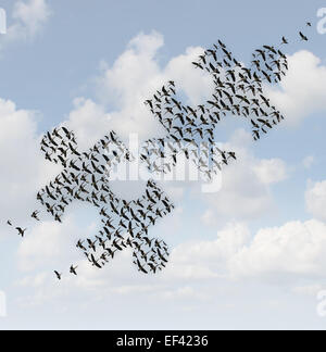 Fliegende Vögel puzzle als ein Geschäftskonzept für Konzernstrategie als zwei Schwärme von Gänsen als Puzzlestücke zusammen kommen als Teamarbeit Erfolg Metapher geprägt. Stockfoto