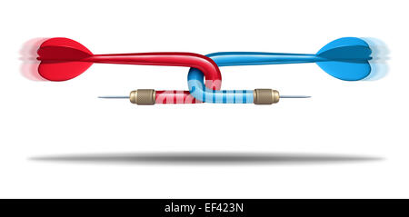 In Konflikt stehende Strategie Geschäftskonzept als zwei verwirrten gegnerischen Darts ziehen in verschiedene Richtungen als Wettbewerb in Umgebung Stockfoto