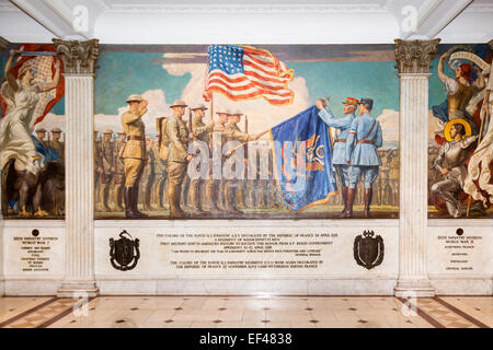 Militärische Malerei der 104. uns Infanterie an einer Wand, Massachusetts State House, Beacon Street, Boston, USA Stockfoto