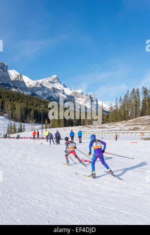 Skirennen in Canmore Nordic Centre Provincial Park, Canmore, Alberta, Kanada Stockfoto