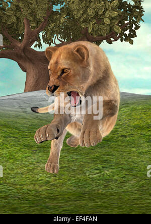 Digitale 3D Rendern eines Jagd weibliche Löwen auf einem grünen Hintergrund Stockfoto