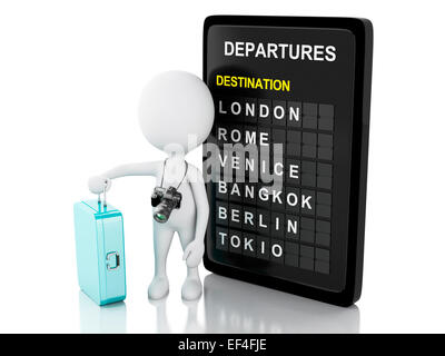 3D weiße Leute. Touristen mit Reisekoffer, Kamera und Flughafen-Board. Urlaub-Konzept Stockfoto