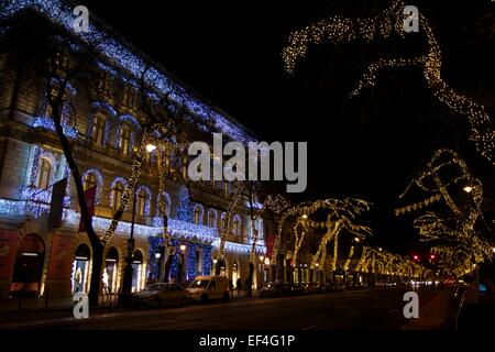 Weihnachtsbeleuchtung auf Bäumen Andrássy Útca, Budapest, Ungarn Stockfoto