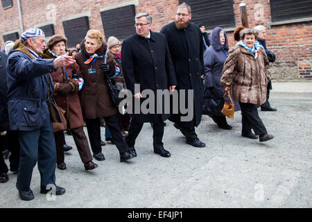 Oswiecim, Polen. 27. Januar 2015. Ehemaliger Häftling Igor Malicky (L) erklärt Details mit polnische Präsident Bronislaw Komorowski (4-L) und staatliches Museum Auschwitz-Birkenau Direktor Piotr Cywinski (2-R) an der Wand des Todes vor einer Feier zum 70. Jahrestag der Befreiung des ehemaligen Nazi-deutschen Konzentrations- und Vernichtungslager Camp KL Auschwitz-Birkenau in Oswiecim, Polen, 27. Januar 2015. Foto: Rolf Vennenbernd/Dpa/Alamy Live News Stockfoto