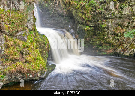 ABERLOUR STREAM ODER BRENNEN DER WASSERFALL HOCHWASSER IM JANUAR SCHOTTLAND Stockfoto