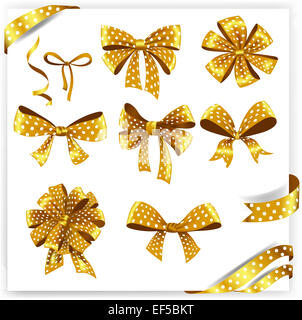 Satz von gold Polka Dot Geschenk Bögen mit Bändern. Stockfoto