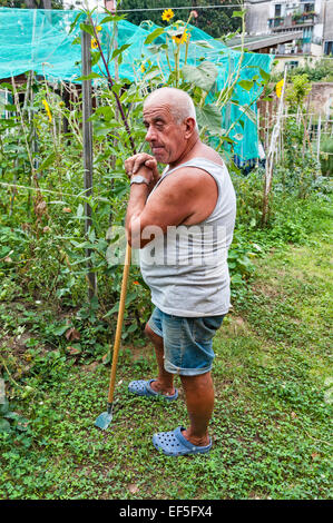 Ein älterer italienischer Mann arbeitet an seinem Schrebergarten in Venedig, Italien Stockfoto