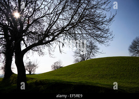 Sonnenaufgang über Navan Fort alte irische Gedenkstätte des Königreichs der ulster Stockfoto