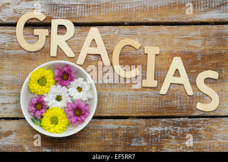 Gracias (d.h. danke in spanischer Sprache) geschrieben mit Holzbuchstaben und Santini Blumen Stockfoto