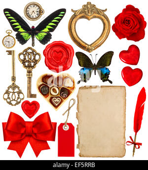 Auflistung von verschiedenen Objekten für Valentinstag Sammelalbum. Papier Seite, rote Herzen, Fotorahmen, Antike Uhr, Schlüssel, Feder Stift Stockfoto