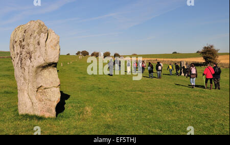 Stehenden Steinen entlang der West Kennett Avenue, Teil des UNESCO-Welterbe von Avebury. Stockfoto