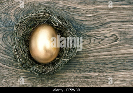 goldenen Osterei im Nest auf rustikalen hölzernen Hintergrund. Vintage-Stil getönten Bild Stockfoto