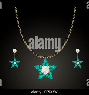 Schmuck mit Smaragden und Diamanten. Anhänger an einer goldenen Kette und Ohrringe. Vektor-illustration Stockfoto