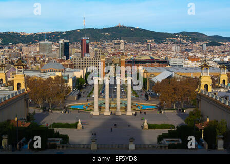 Blick vom Montjuic in Richtung Plaça d ' Espanya, Stadtteil Sants-Montjuic, Barcelona, Spanien Stockfoto