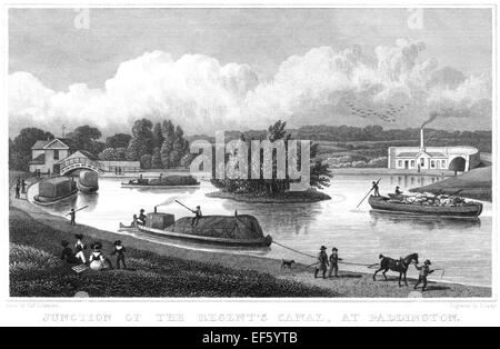 Gravur der Kreuzung des Regents Canal in Paddington, London, Großbritannien, gescannt mit hoher Auflösung aus einer Publikation, die 1828 gedruckt wurde. Stockfoto