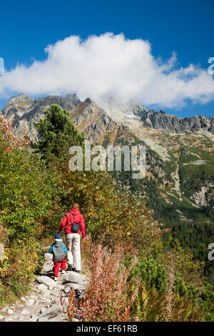 Wanderer auf Strbske Pleso Wanderweg, hohen Tatra, Slowakei, Mitteleuropa Stockfoto