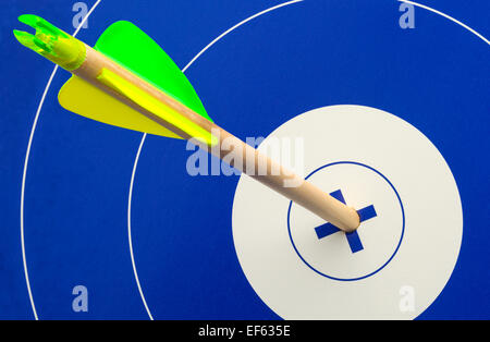 Einzelne Holz Pfeil im Zentrum des blauen und weißen Ziel. Stockfoto