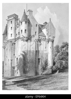 1852 Craigievar Harled Burg Alford, Aberdeenshire Grampian Mountains geformt fein mehrere Türme, hohe Corbell Wasserspeier Stockfoto