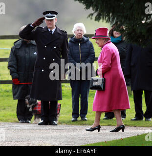 Sandringham, Norfolk, Großbritannien. 25. Januar 2015. HM Königin Elizabeth II zur Kirche in Sandringham. Sandringham, Norfolk, Großbritannien. 25. Stockfoto