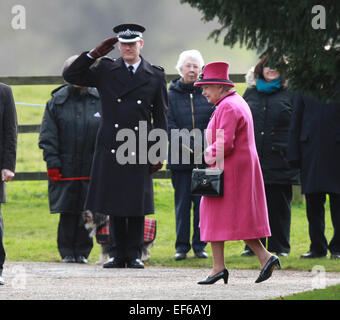 Sandringham, Norfolk, Großbritannien. 25. Januar 2015. HM Königin Elizabeth II zur Kirche in Sandringham. Sandringham, Norfolk, Großbritannien. 25. Stockfoto