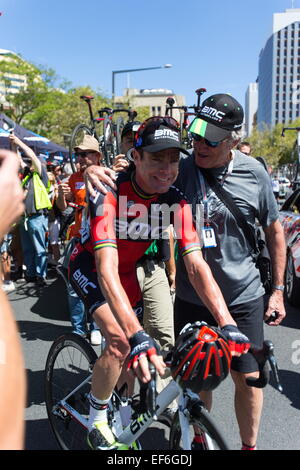 Adelaide, South Australia, Australien. 25. Januar 2015. CADEL EVANS beendet seine letzte Santos Tour Down Under. © Gary Francis/ZUMA Wire/ZUMAPRESS.com/Alamy Live-Nachrichten Stockfoto