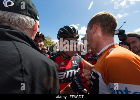 Adelaide, South Australia, Australien. 25. Januar 2015. CADEL EVANS beendet seine letzte Santos Tour Down Under. © Gary Francis/ZUMA Wire/ZUMAPRESS.com/Alamy Live-Nachrichten Stockfoto