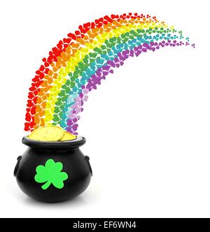 St. Patricks Day Topf voll Gold mit bunten Shamrock Regenbogen Stockfoto