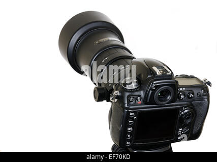Professionelle Digitalkamera schwarz isoliert auf weißem Hintergrund Stockfoto