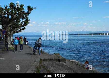 Wanderer und Radfahrer auf die Ufer des Sees Konstanz mit den Alpen im Hintergrund. Stockfoto