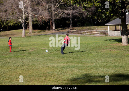 Vater und Sohn Fußball spielen im Pioneer Park, Novato, Kalifornien, USA Stockfoto