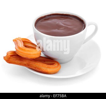 Churros con Chocolate, eine typisch spanische süße Jause auf weißem Hintergrund Stockfoto