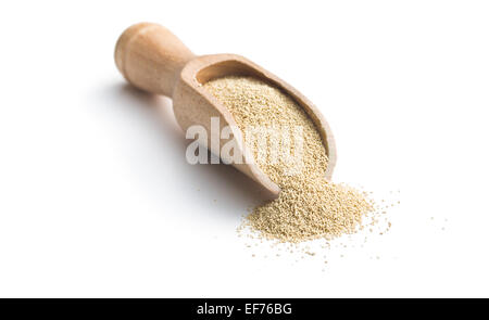 Trockenhefe in Schaufel auf weißem Hintergrund Stockfoto