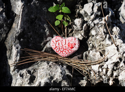 Ein rotes Keramik Herz mit einem kleinen Herzen in seinem Inneren befindet sich auf einem Felsen in der Natur. Stockfoto