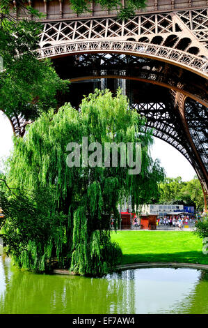 Paris, Frankreich. Eiffelturm - Basis und Gärten in Champ de Mars Stockfoto