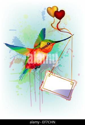 Regenbogen-Kolibri mit leeren Karte für Text, Gold und rote Herzen auf dem vertikalen Splash-Hintergrund Stock Vektor