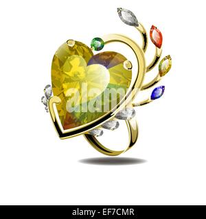 Atemberaubenden gold Ring mit bunten Herzen Form Diamanten und Edelsteine Stock Vektor