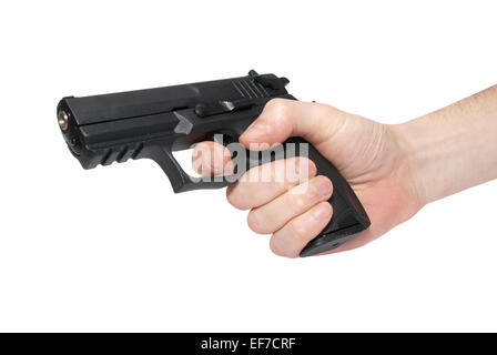 Schwarze Pistole in der Hand, isoliert auf weiss Stockfoto