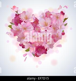 Vektor-Frühling-Hintergrund mit sanften Herzen aus Kirsche Blumen und Blütenblätter Stock Vektor