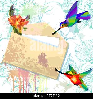 Regenbogen Kolibris mit Grunge Umschlagnachricht auf dem Splash-Hintergrund mit Blumen Stock Vektor