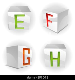 3D Vektor Volumen Alphabet mit glänzend rot, grün und orange Buchstaben in Papier Würfel Buchstaben E, F, G, H Stock Vektor