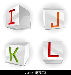 3D Vektor Volumen Alphabet mit glänzend rot, grün und orange Buchstaben in Papier Würfel Buchstaben I, J, K, L Stock Vektor