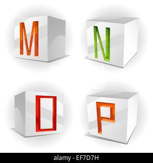 Vektor 3D-Volumen Alphabet mit glänzend rot, grün und orange Buchstaben in Papier Würfel, Buchstaben M, N, O, P Stock Vektor