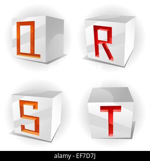 3D Vektor Volumen Alphabet mit glänzend rot, grün und orange Buchstaben in Papier Würfel Buchstaben Q, R, S, T Stock Vektor