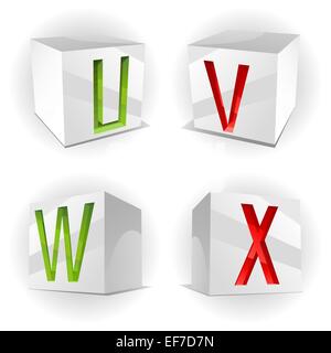 3D Vektor Volumen Alphabet mit glänzend rot, grün und orange Buchstaben in Papier Würfel Buchstaben U, V, W, X Stock Vektor