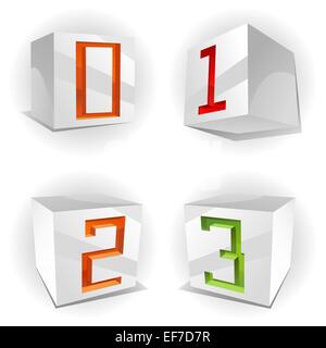 Vektor 3D-Volumen Alphabet mit glänzend rot, grün und orange Zahlen 0,1,2,3 in Papier Würfel Stock Vektor