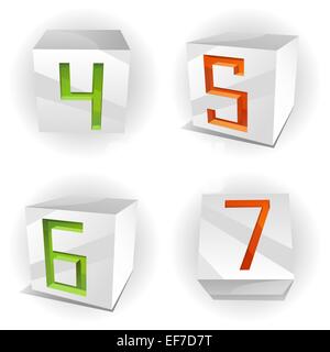 Vektor 3D-Volumen Alphabet mit glänzend rot, grün und orange Zahlen 4,5,6,7 in Papier Würfel Stock Vektor
