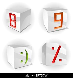 Vektor 3D-Volumen Alphabet mit glänzend rot, grün und orange Zahlen 8,9, Lächeln und Prozent in Papier Würfel Stock Vektor