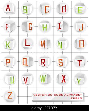 Vektor 3D-Volumen Alphabet mit glänzend rot, grün und orange Buchstaben in Papier Würfel Stock Vektor