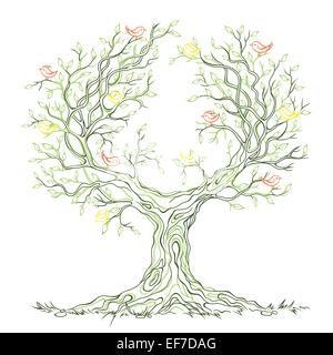 Vector linear Grafik grün alte große weitverzweigt Baum mit Blättern und Vögel Stock Vektor