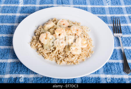 Shrimp Scampi mit Knoblauchbutter auf einen Teller mit Naturreis Stockfoto